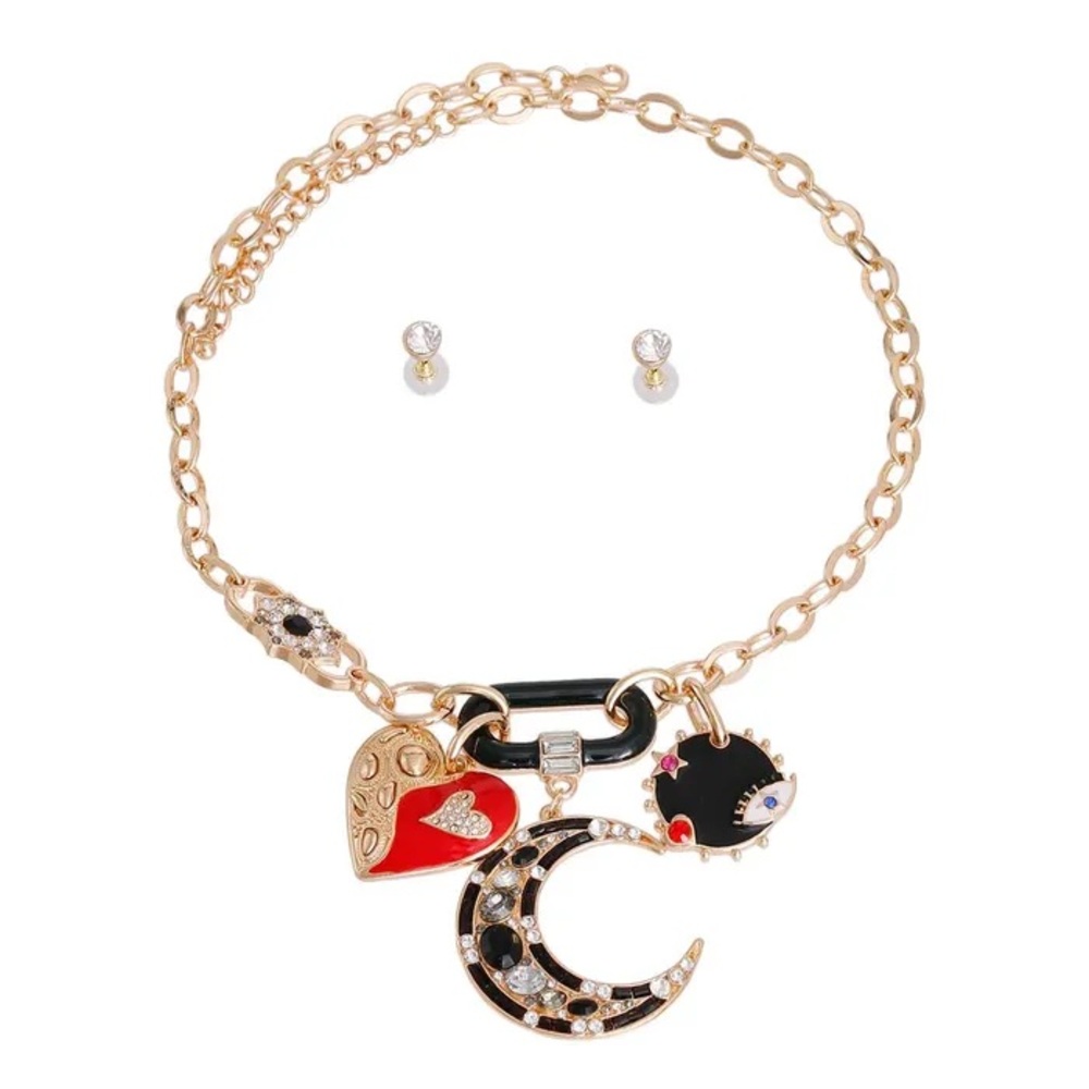 Gold-Tone Charm Necklace with Red, Black & White Accents
